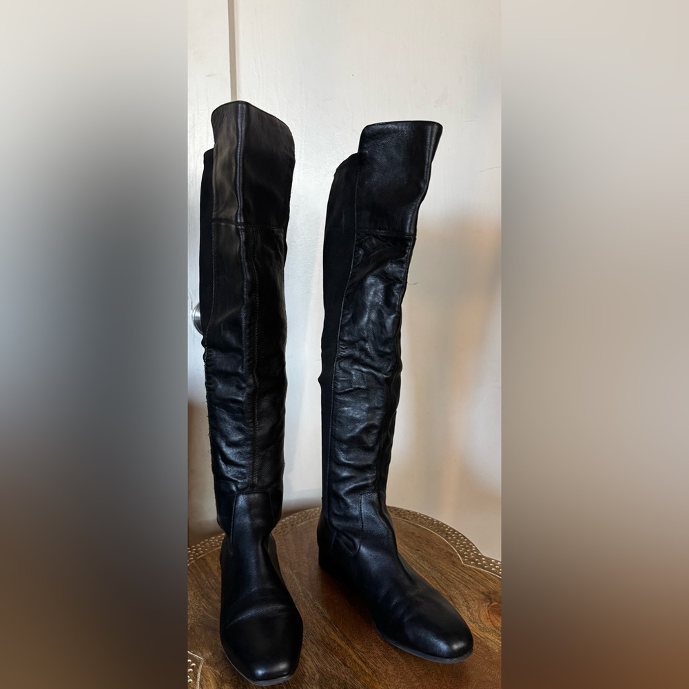 Louise Et Cie Andora Knee High 50/50 two tone leather flat riding boot noir goth - Picture 2 of 12